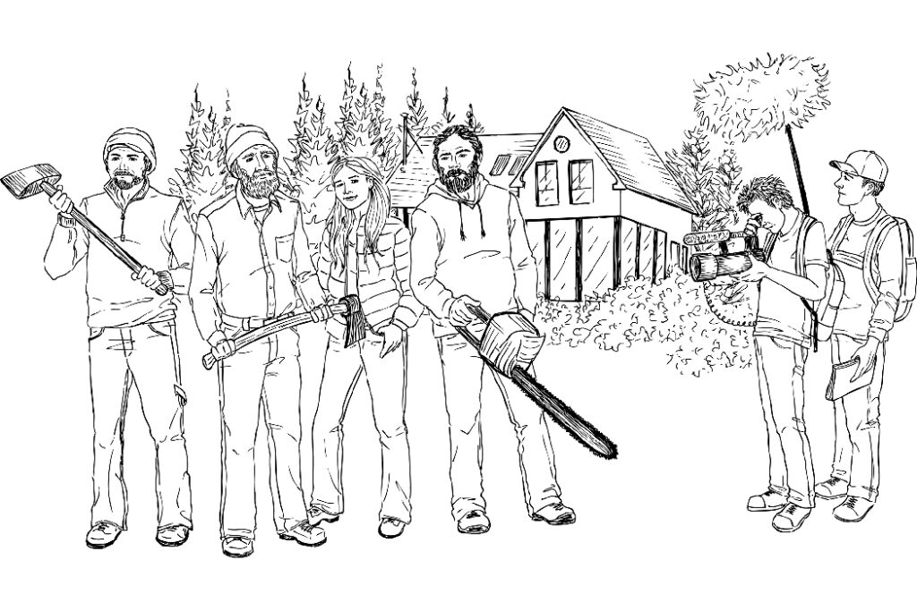 Drawing of people filming others with house building tools