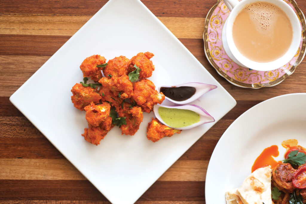 “Cauliflower 65,” fried cauliflower with chutneys.