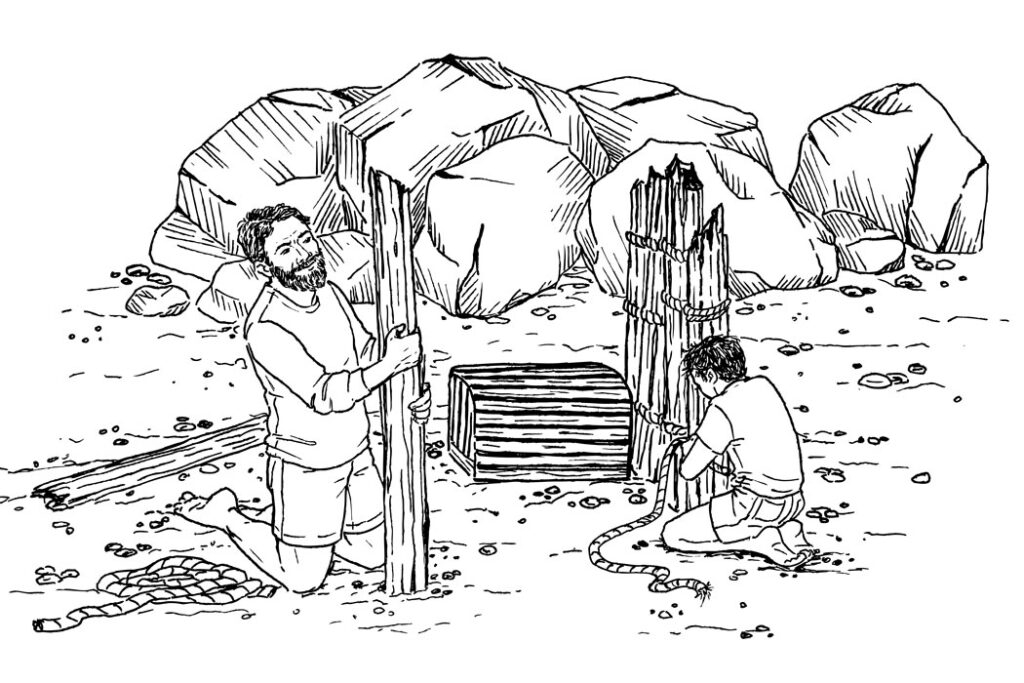 Illustration of father and son building fort