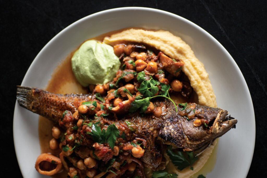 Drifters Wife - Black bass with chickpeas, squid, and yogurt