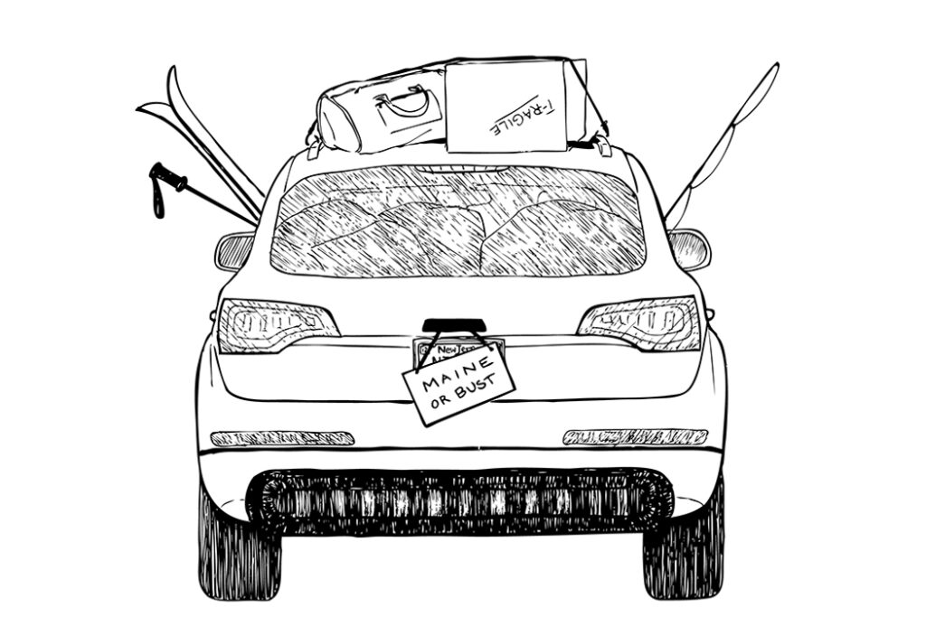 ilustração de um carro lotado movendo-se para o maine