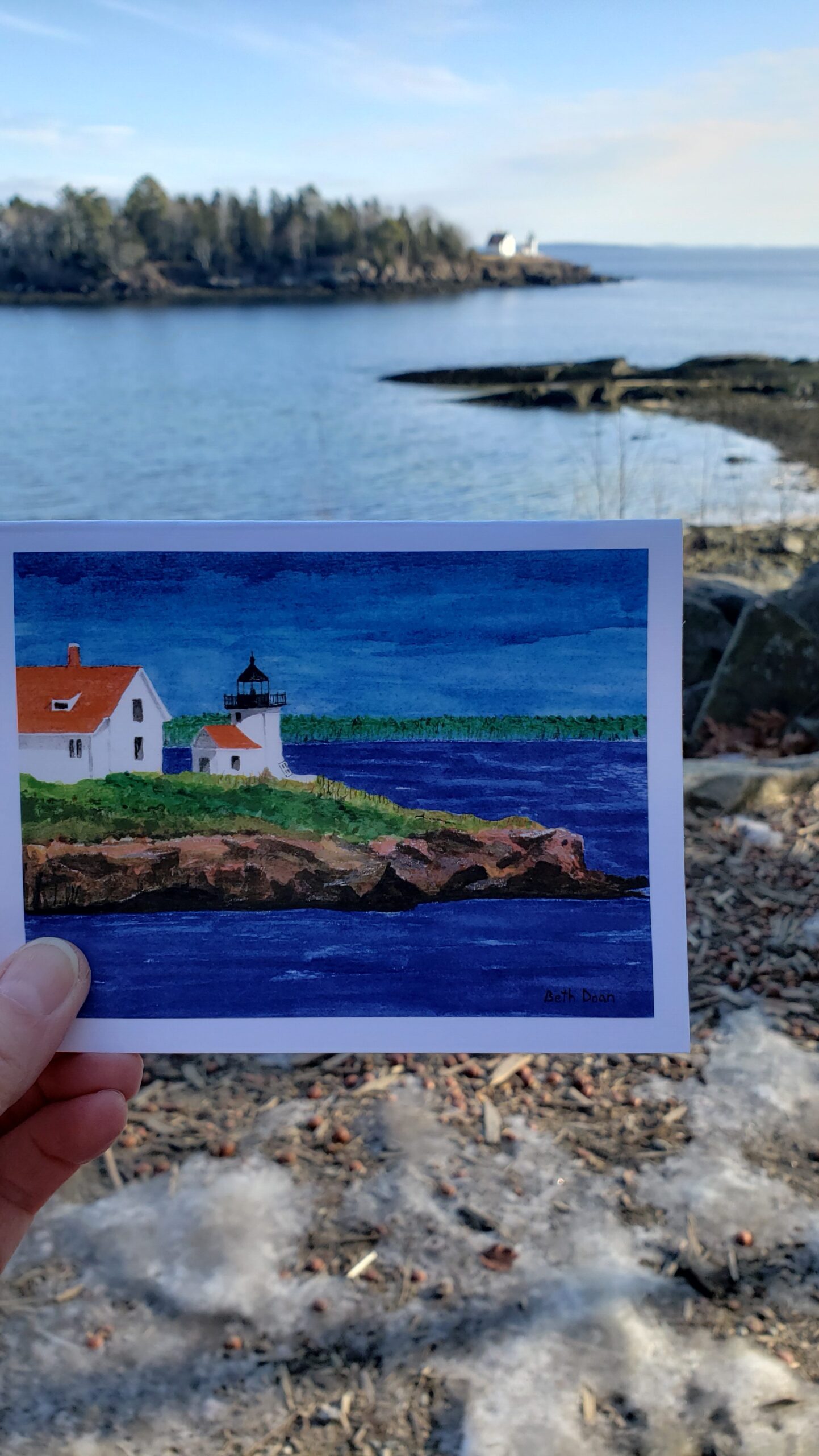 Watercolor painting of Maine Lighthouse landscape by Beth Doan